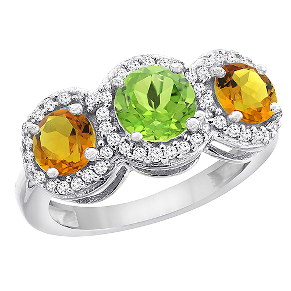 10K White Gold Natural Peridot & Citrine Sides Round 3-stone Ring Diamond Accents, sizes 5 - 10