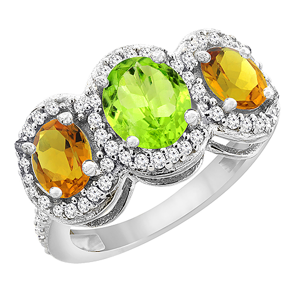 10K White Gold Natural Peridot & Citrine 3-Stone Ring Oval Diamond Accent, sizes 5 - 10