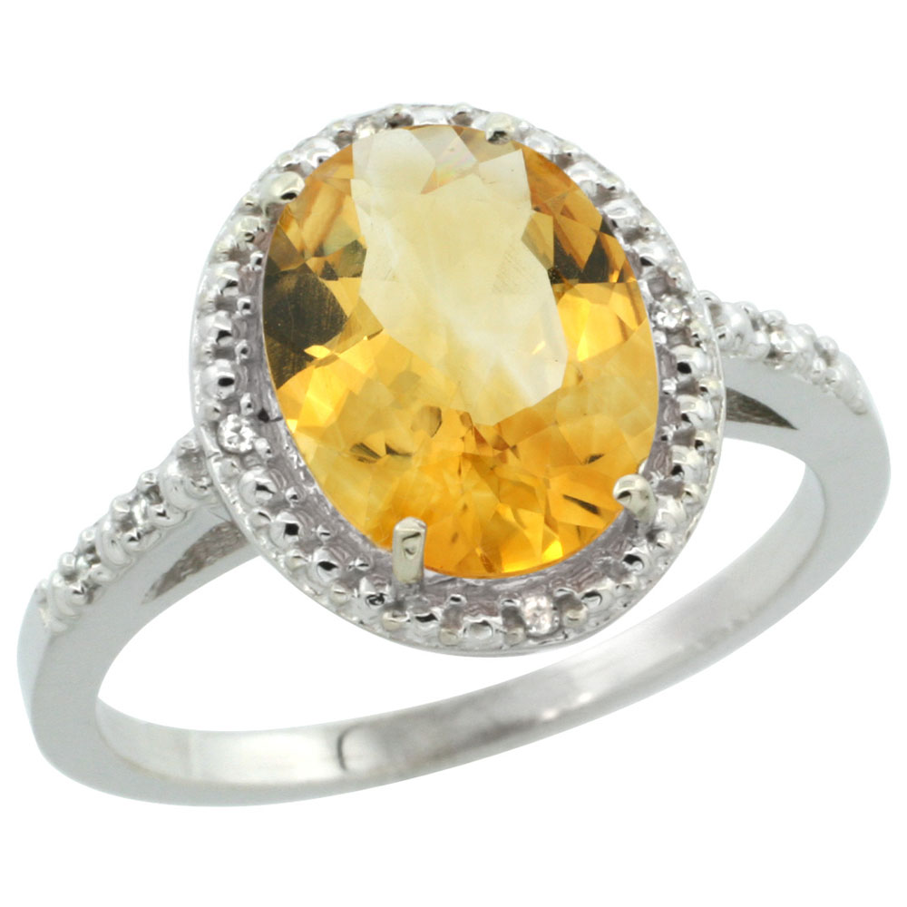 10K White Gold Diamond Natural Citrine Engagement Ring Oval 10x8mm, sizes 5-10