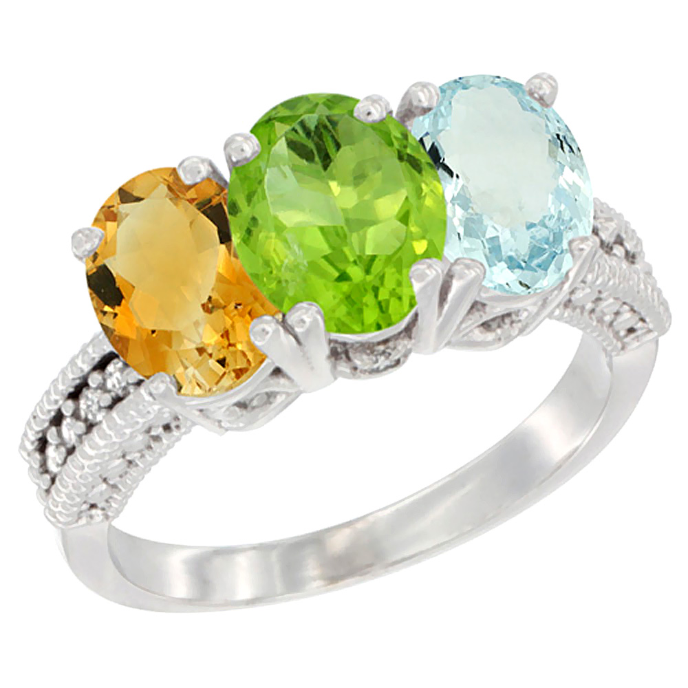 14K White Gold Natural Citrine, Peridot &amp; Aquamarine Ring 3-Stone 7x5 mm Oval Diamond Accent, sizes 5 - 10