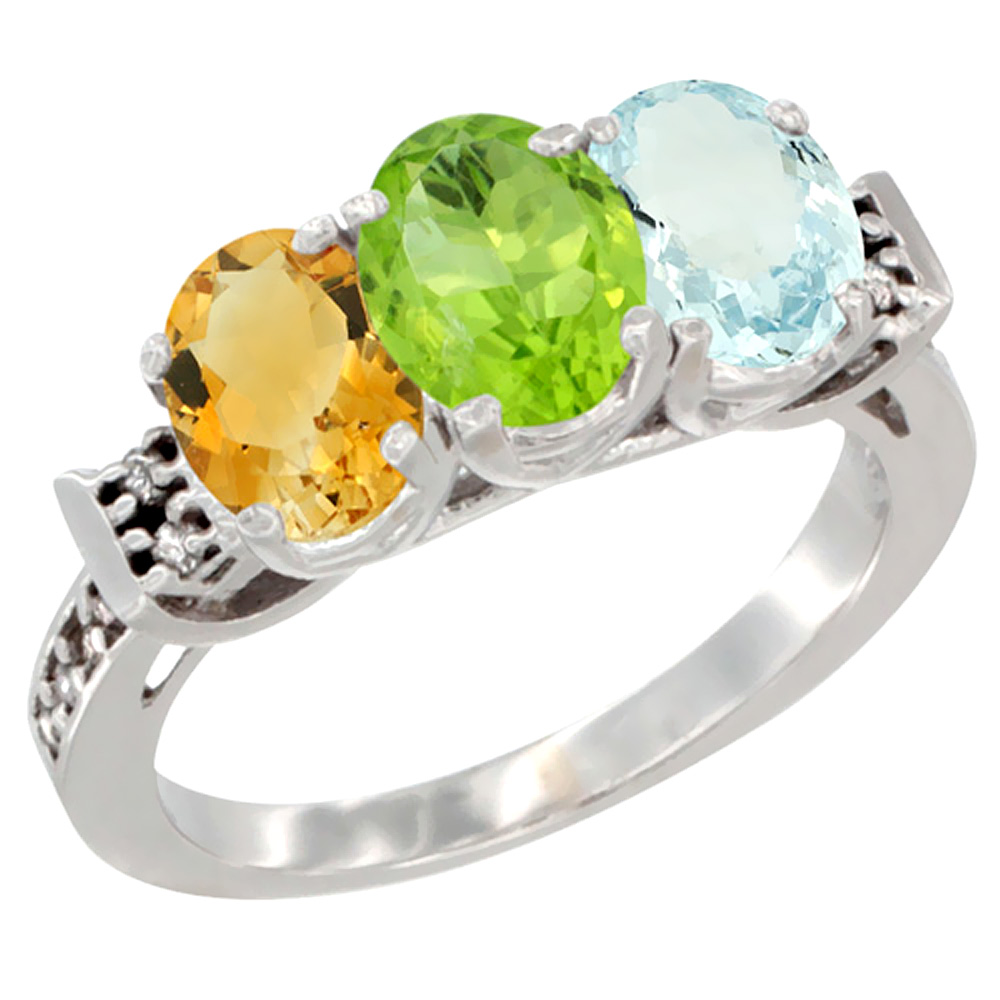 14K White Gold Natural Citrine, Peridot & Aquamarine Ring 3-Stone 7x5 mm Oval Diamond Accent, sizes 5 - 10