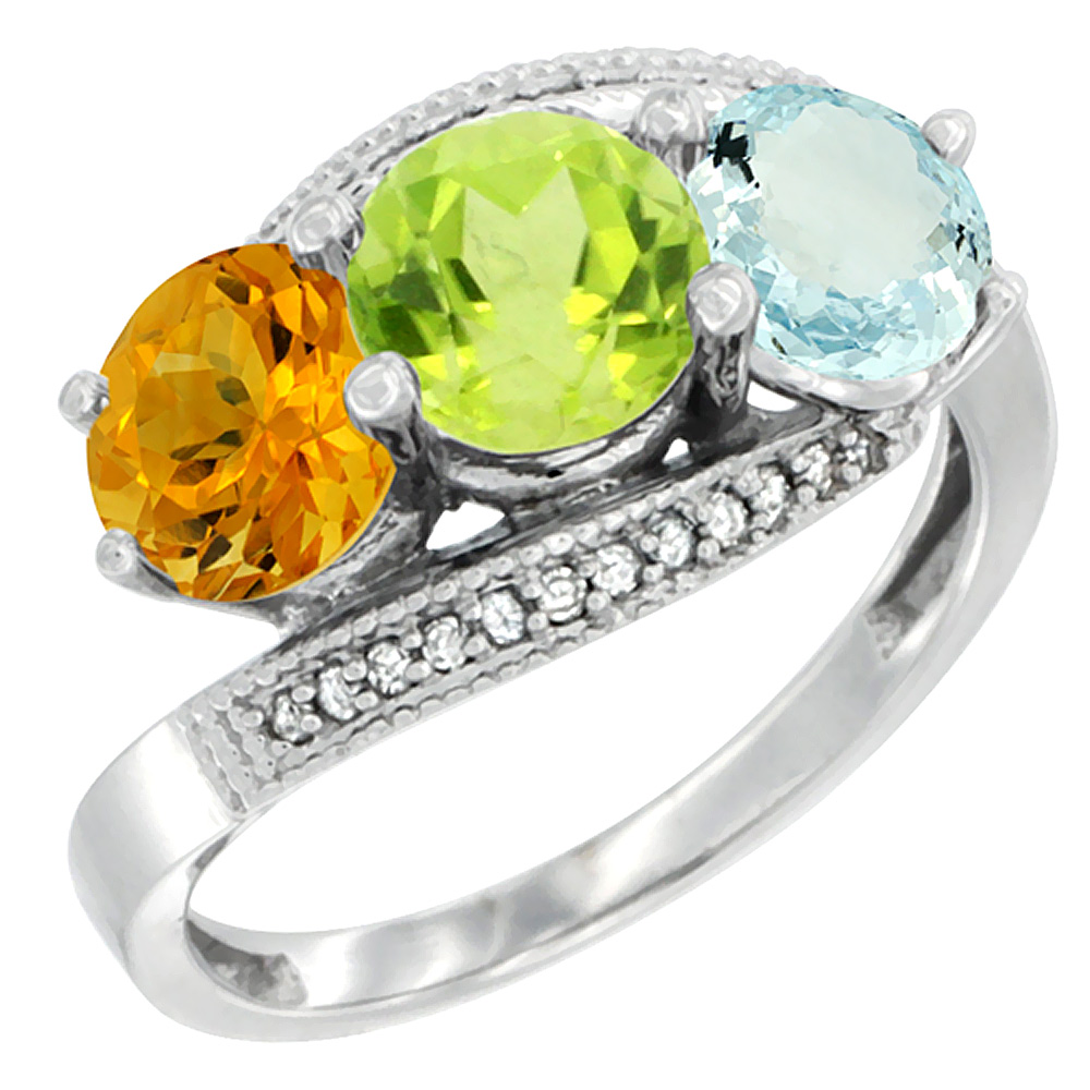 14K White Gold Natural Citrine, Peridot & Aquamarine 3 stone Ring Round 6mm Diamond Accent, sizes 5 - 10