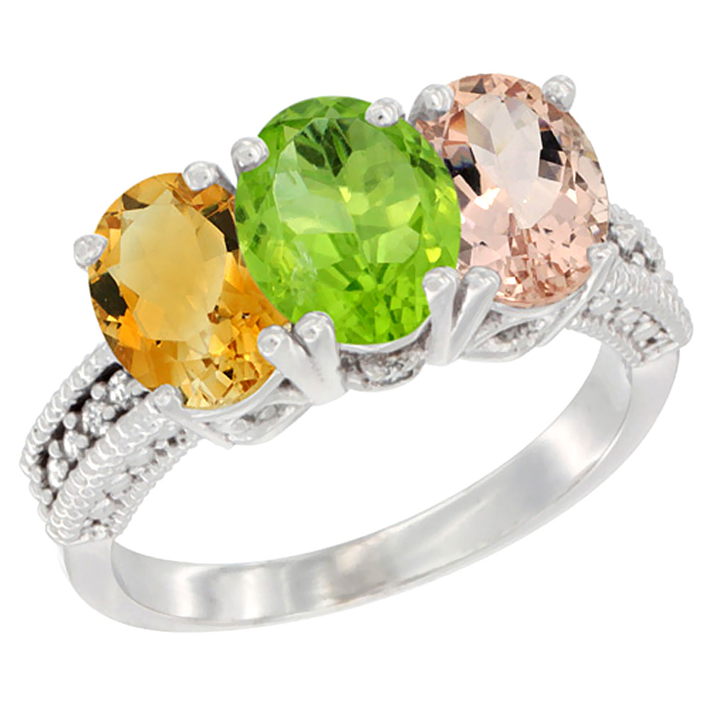 10K White Gold Natural Citrine, Peridot &amp; Morganite Ring 3-Stone Oval 7x5 mm Diamond Accent, sizes 5 - 10