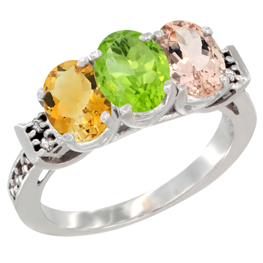 10K White Gold Natural Citrine, Peridot & Morganite Ring 3-Stone Oval 7x5 mm Diamond Accent, sizes 5 - 10