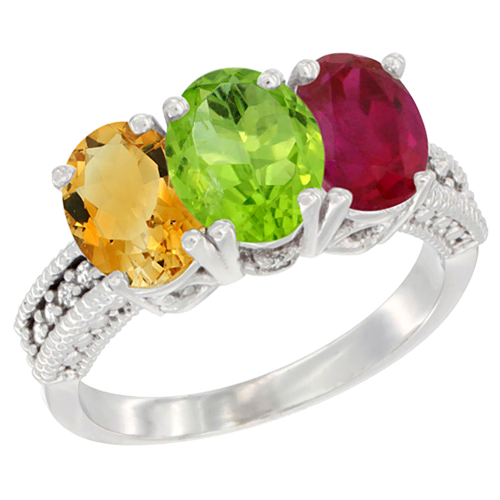 14K White Gold Natural Citrine, Peridot &amp; Enhanced Ruby Ring 3-Stone 7x5 mm Oval Diamond Accent, sizes 5 - 10