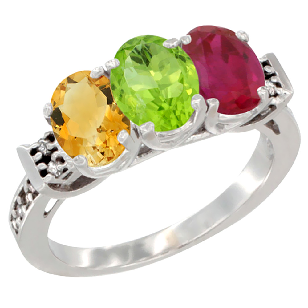 10K White Gold Natural Citrine, Peridot &amp; Enhanced Ruby Ring 3-Stone Oval 7x5 mm Diamond Accent, sizes 5 - 10