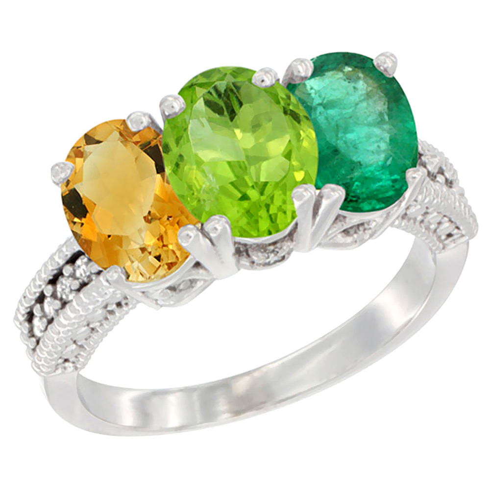 14K White Gold Natural Citrine, Peridot & Emerald Ring 3-Stone 7x5 mm Oval Diamond Accent, sizes 5 - 10