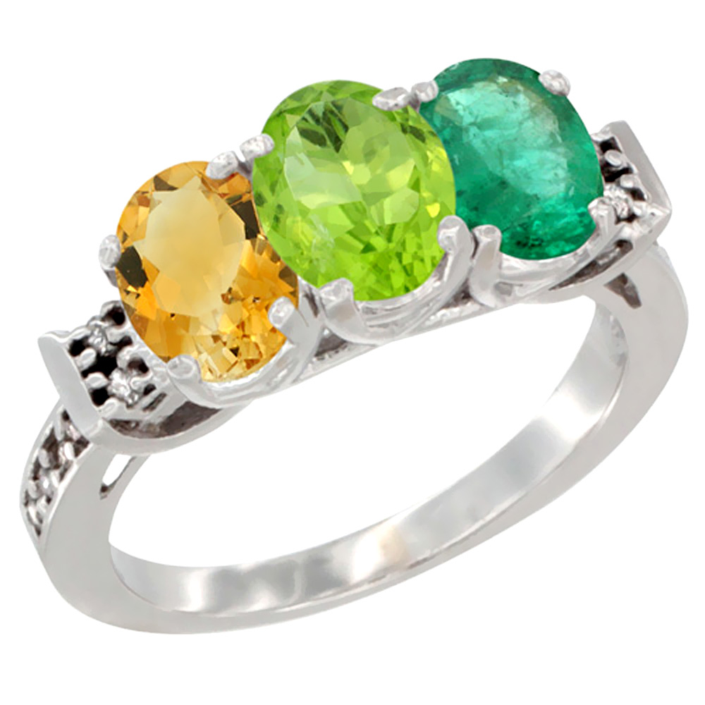 10K White Gold Natural Citrine, Peridot & Emerald Ring 3-Stone Oval 7x5 mm Diamond Accent, sizes 5 - 10