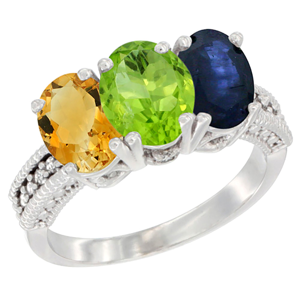 14K White Gold Natural Citrine, Peridot & Blue Sapphire Ring 3-Stone 7x5 mm Oval Diamond Accent, sizes 5 - 10