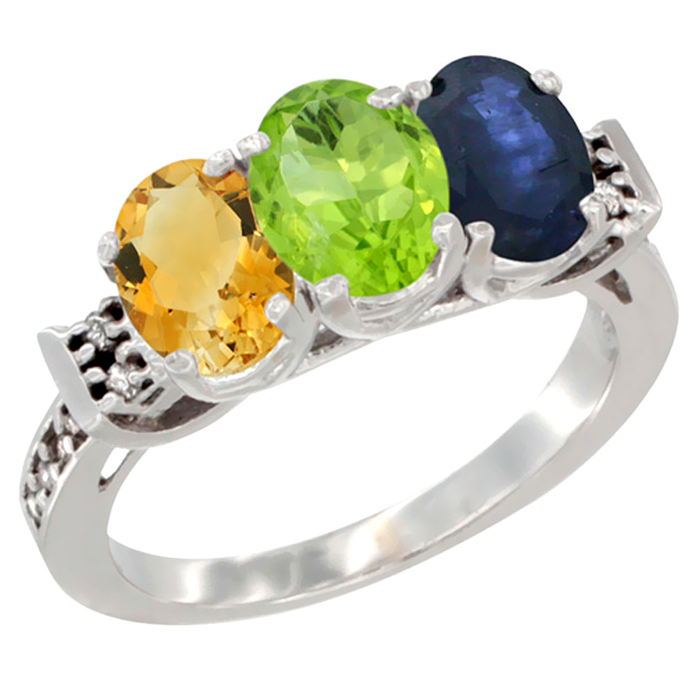 14K White Gold Natural Citrine, Peridot &amp; Blue Sapphire Ring 3-Stone 7x5 mm Oval Diamond Accent, sizes 5 - 10