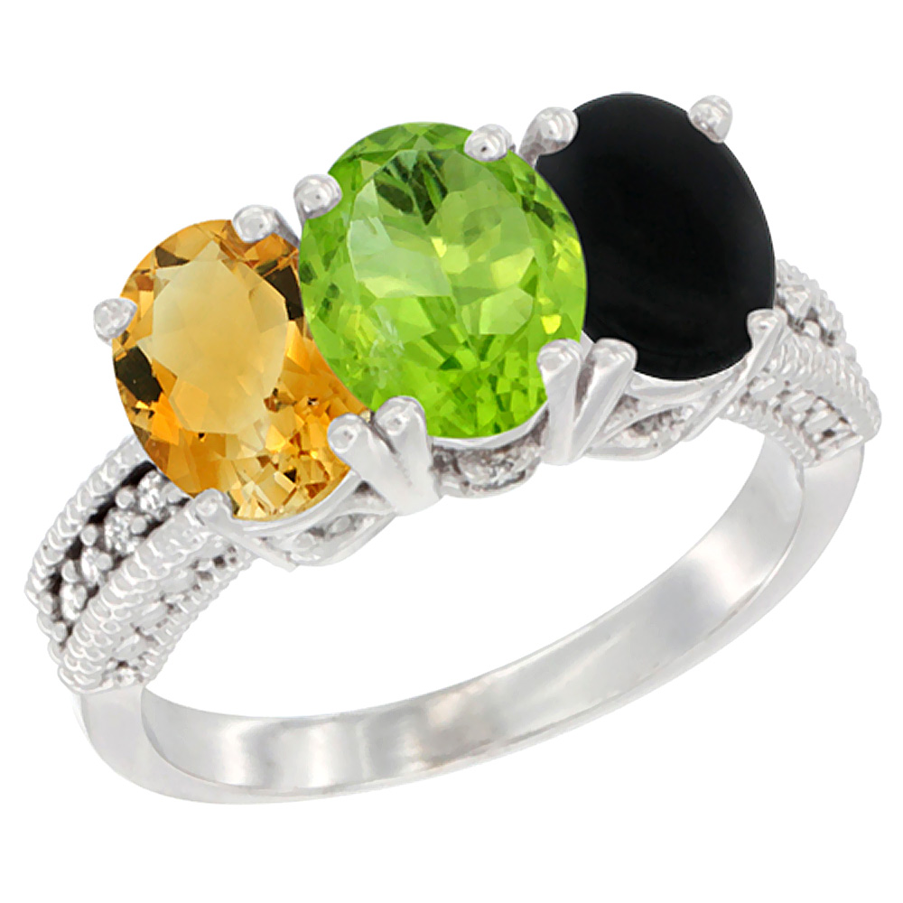 14K White Gold Natural Citrine, Peridot &amp; Black Onyx Ring 3-Stone 7x5 mm Oval Diamond Accent, sizes 5 - 10