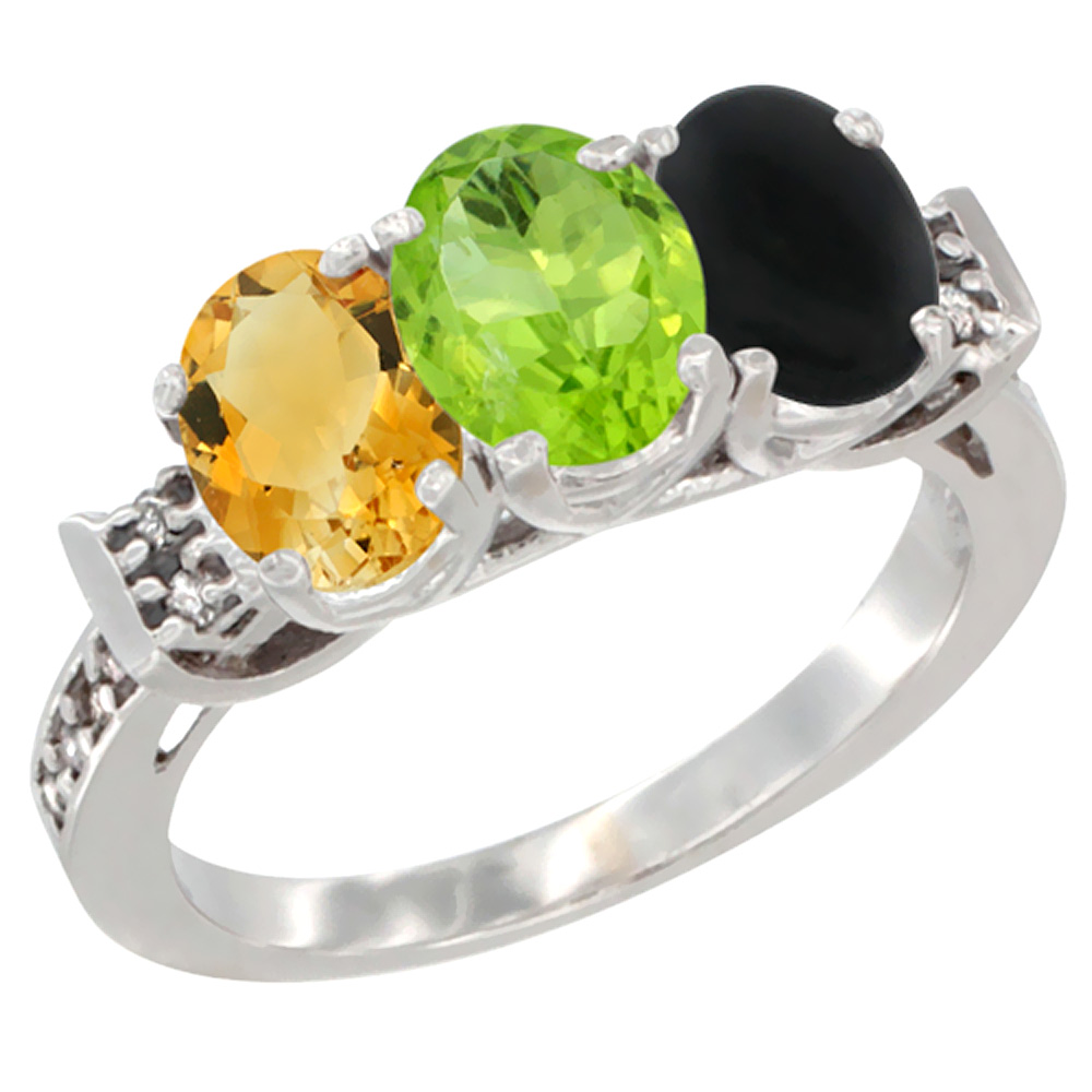 10K White Gold Natural Citrine, Peridot &amp; Black Onyx Ring 3-Stone Oval 7x5 mm Diamond Accent, sizes 5 - 10