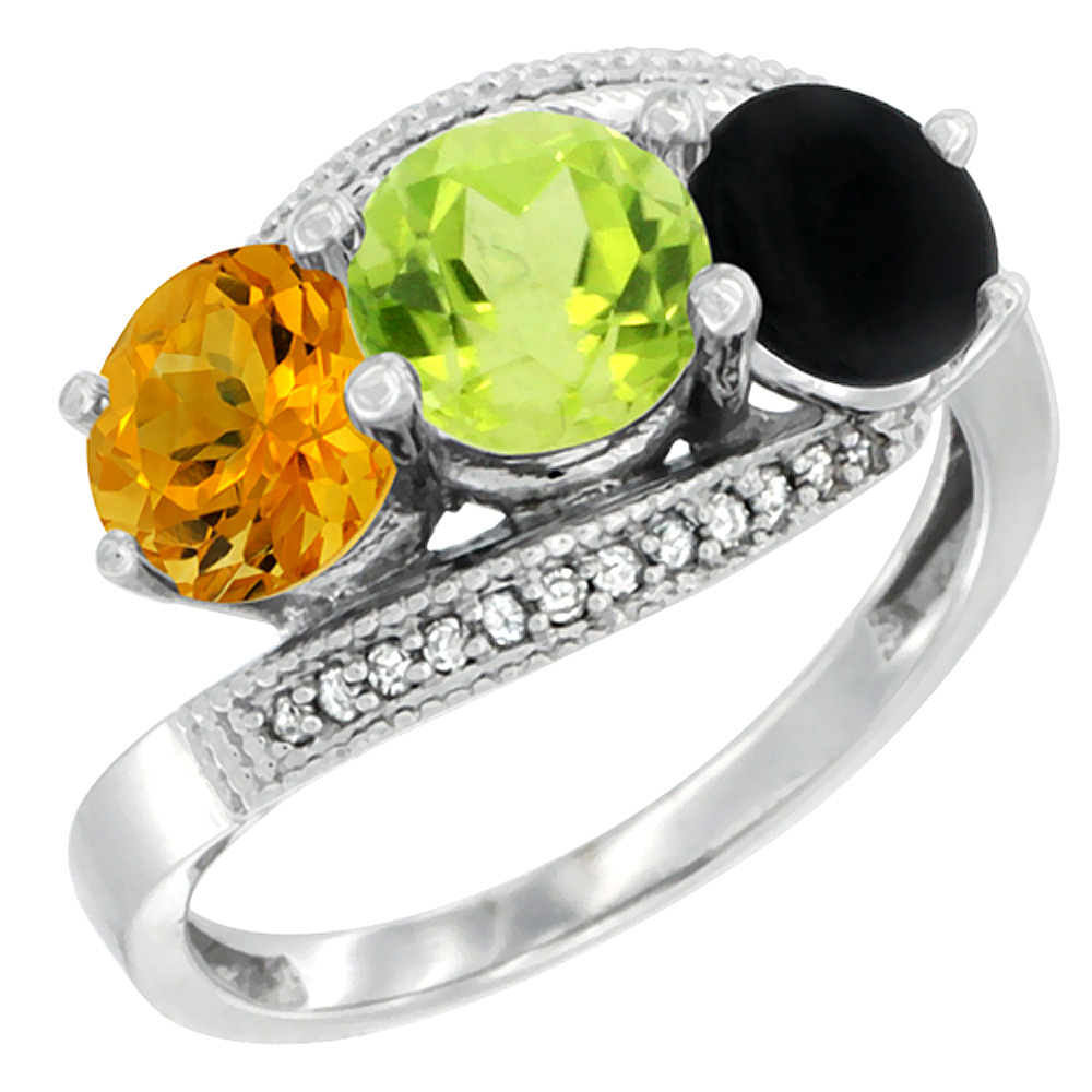 14K White Gold Natural Citrine, Peridot & Black Onyx 3 stone Ring Round 6mm Diamond Accent, sizes 5 - 10