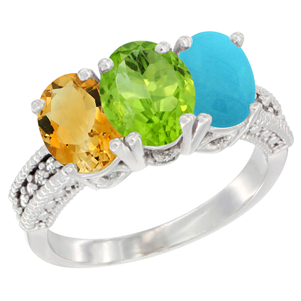 10K White Gold Natural Citrine, Peridot & Turquoise Ring 3-Stone Oval 7x5 mm Diamond Accent, sizes 5 - 10