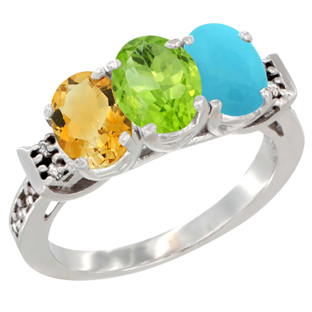 14K White Gold Natural Citrine, Peridot & Turquoise Ring 3-Stone 7x5 mm Oval Diamond Accent, sizes 5 - 10