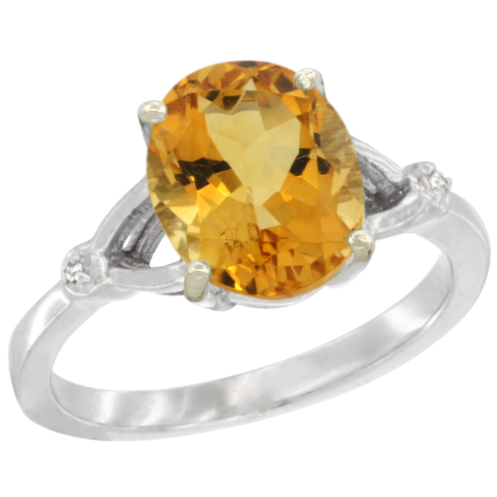 10K White Gold Diamond Natural Citrine Engagement Ring Oval 10x8mm, sizes 5-10