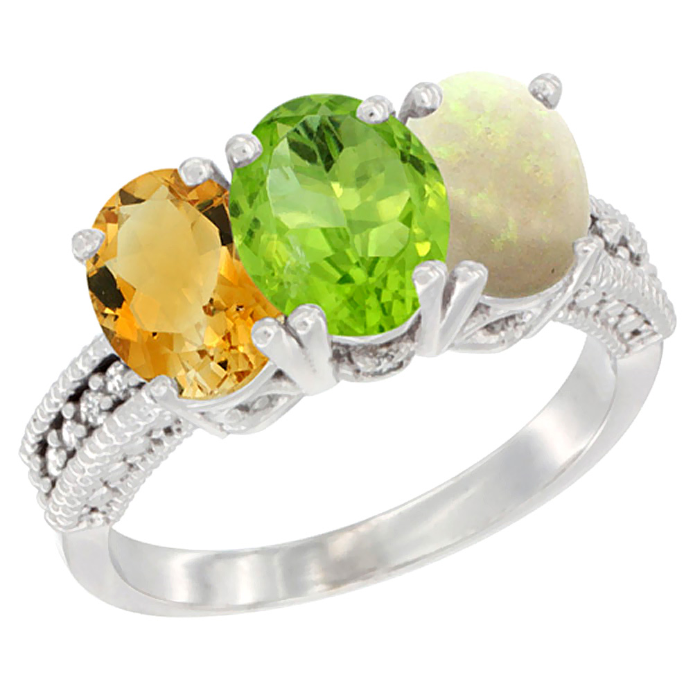 10K White Gold Natural Citrine, Peridot &amp; Opal Ring 3-Stone Oval 7x5 mm Diamond Accent, sizes 5 - 10