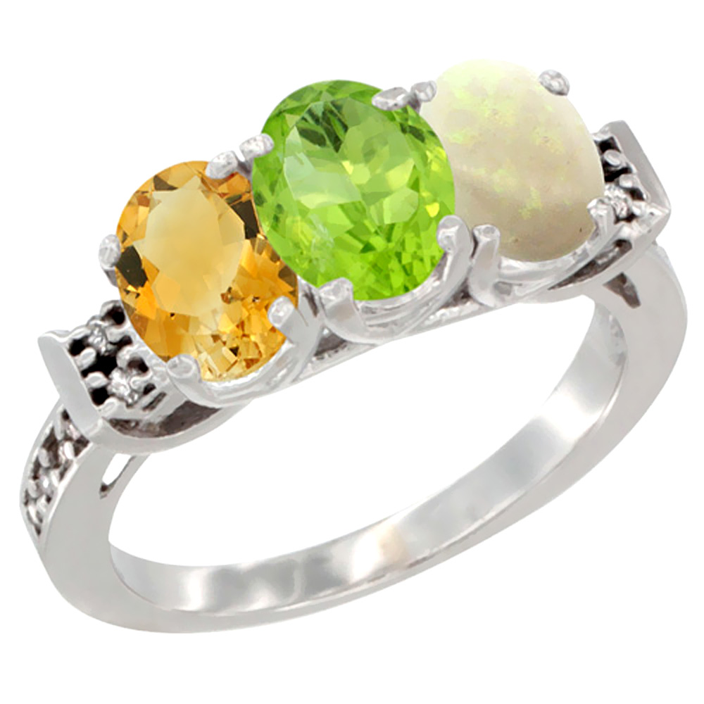 14K White Gold Natural Citrine, Peridot &amp; Opal Ring 3-Stone 7x5 mm Oval Diamond Accent, sizes 5 - 10