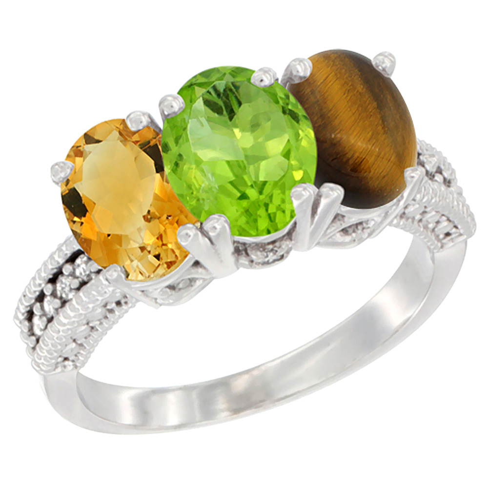 10K White Gold Natural Citrine, Peridot & Tiger Eye Ring 3-Stone Oval 7x5 mm Diamond Accent, sizes 5 - 10