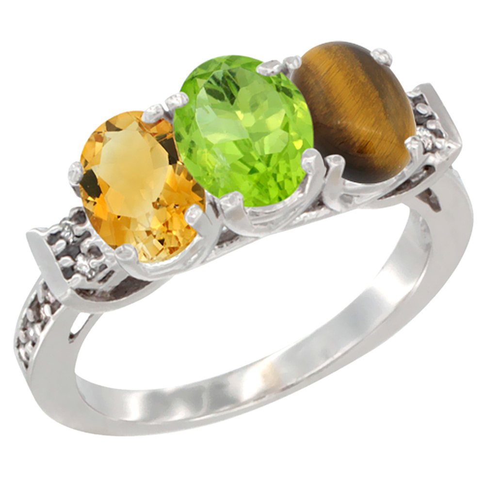 10K White Gold Natural Citrine, Peridot &amp; Tiger Eye Ring 3-Stone Oval 7x5 mm Diamond Accent, sizes 5 - 10