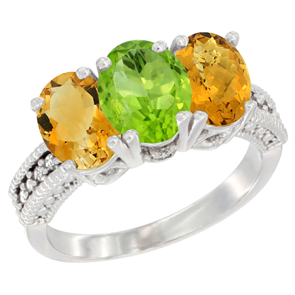 14K White Gold Natural Citrine, Peridot & Whisky Quartz Ring 3-Stone 7x5 mm Oval Diamond Accent, sizes 5 - 10