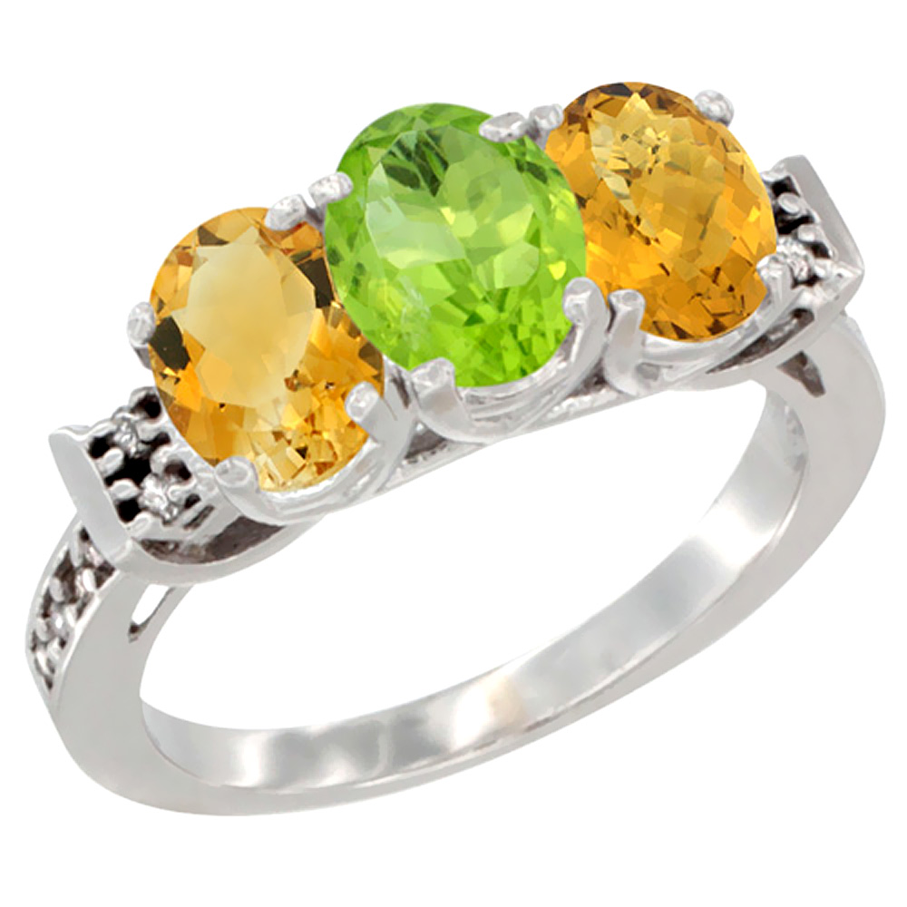 14K White Gold Natural Citrine, Peridot & Whisky Quartz Ring 3-Stone 7x5 mm Oval Diamond Accent, sizes 5 - 10