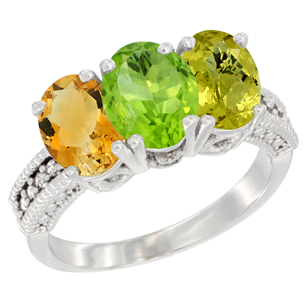 14K White Gold Natural Citrine, Peridot &amp; Lemon Quartz Ring 3-Stone 7x5 mm Oval Diamond Accent, sizes 5 - 10