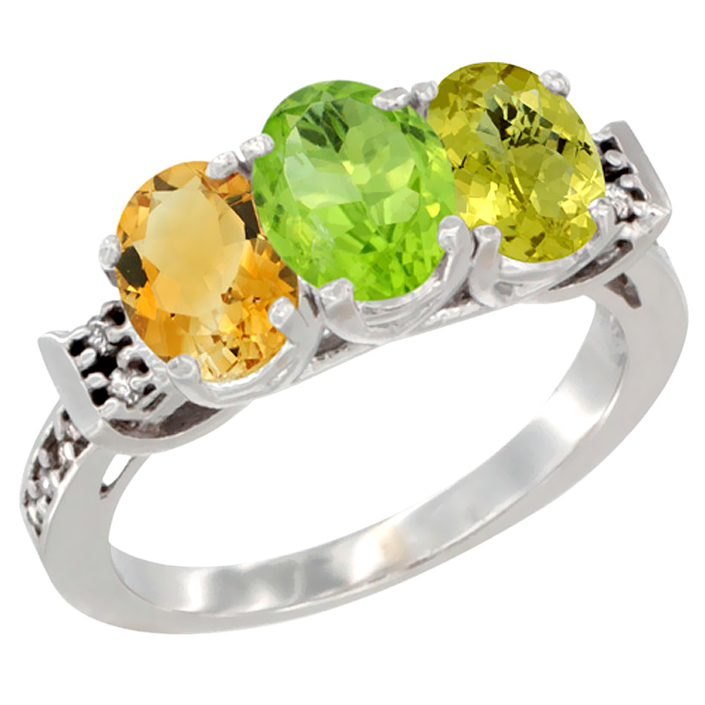 14K White Gold Natural Citrine, Peridot &amp; Lemon Quartz Ring 3-Stone 7x5 mm Oval Diamond Accent, sizes 5 - 10