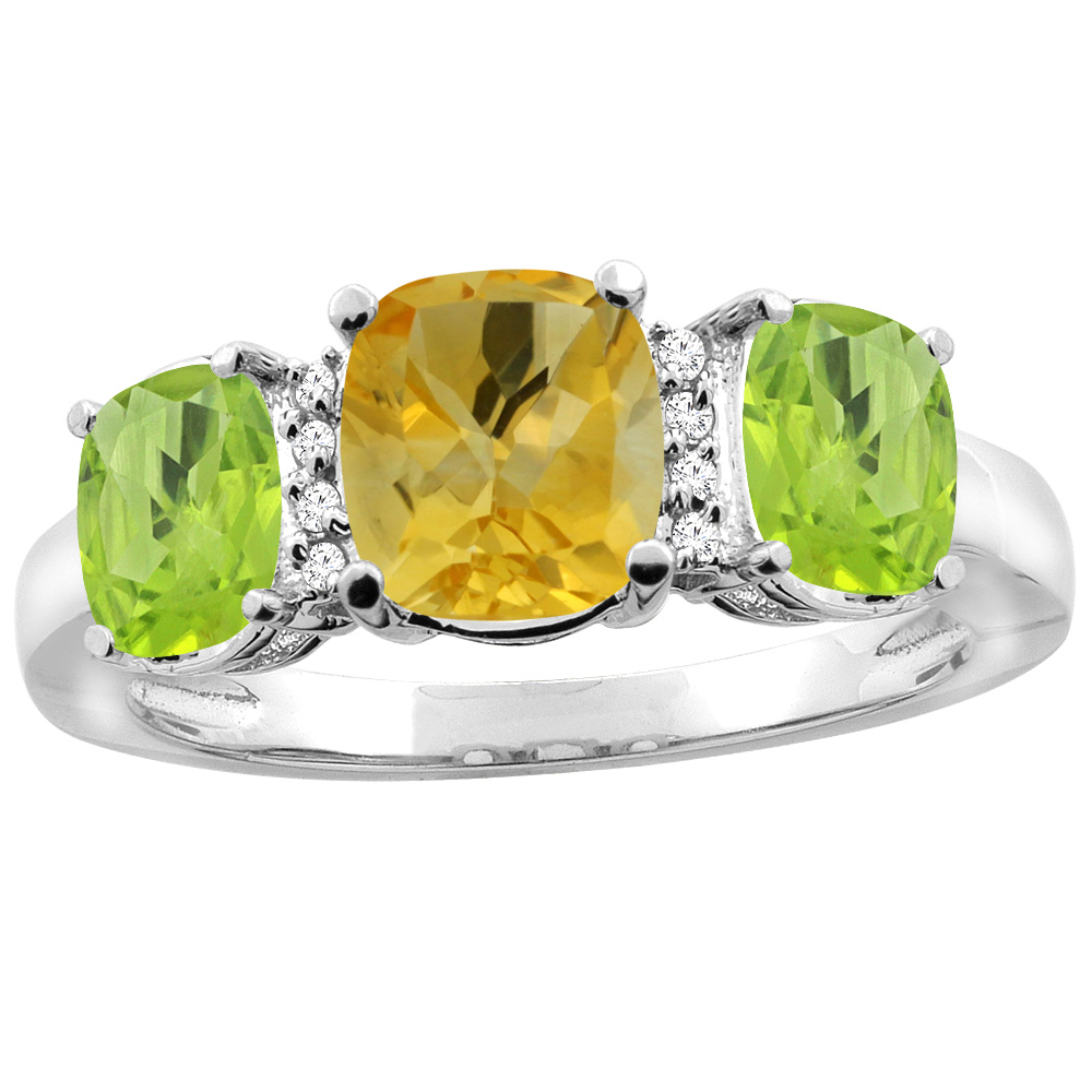 14K Yellow Gold Natural Citrine & Peridot 3-stone Ring Cushion 8x6mm Diamond Accent, sizes 5 - 10