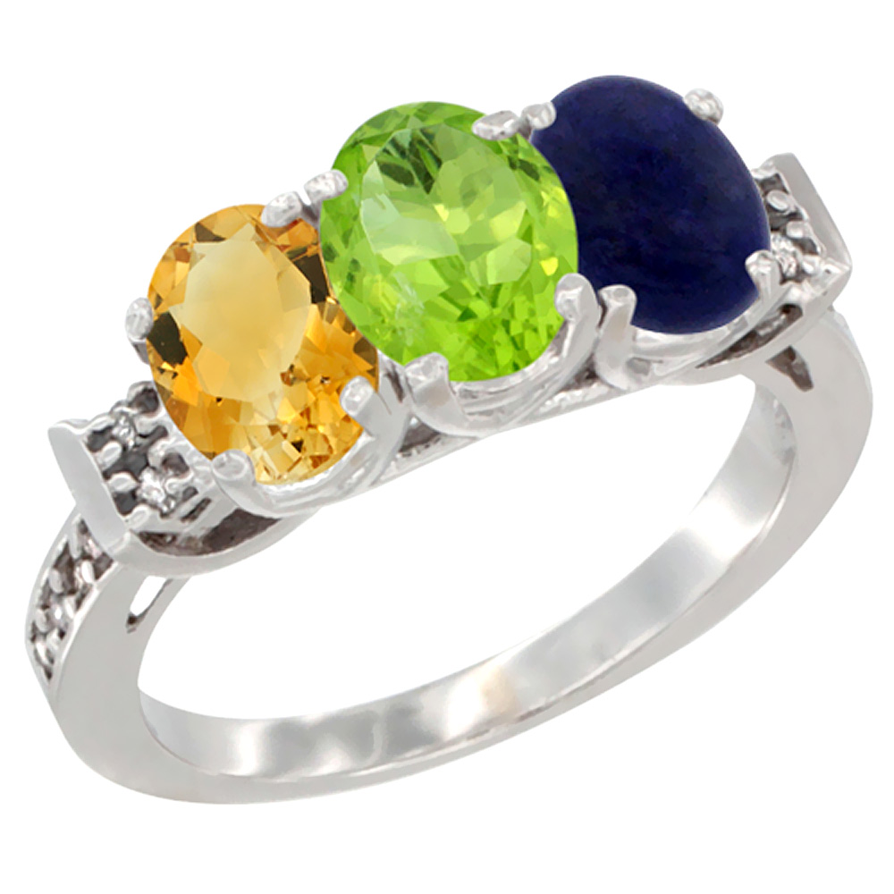 14K White Gold Natural Citrine, Peridot &amp; Lapis Ring 3-Stone 7x5 mm Oval Diamond Accent, sizes 5 - 10