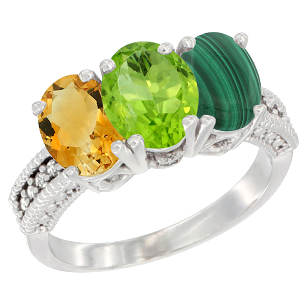 14K White Gold Natural Citrine, Peridot &amp; Malachite Ring 3-Stone 7x5 mm Oval Diamond Accent, sizes 5 - 10