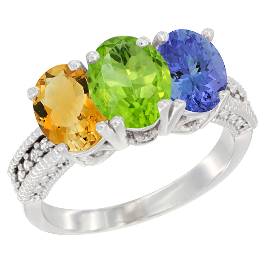 14K White Gold Natural Citrine, Peridot &amp; Tanzanite Ring 3-Stone 7x5 mm Oval Diamond Accent, sizes 5 - 10