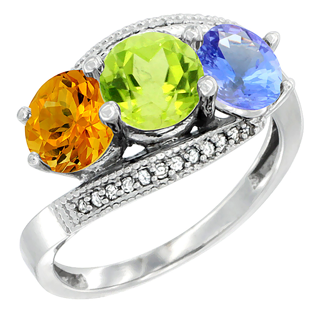 14K White Gold Natural Citrine, Peridot &amp; Tanzanite 3 stone Ring Round 6mm Diamond Accent, sizes 5 - 10