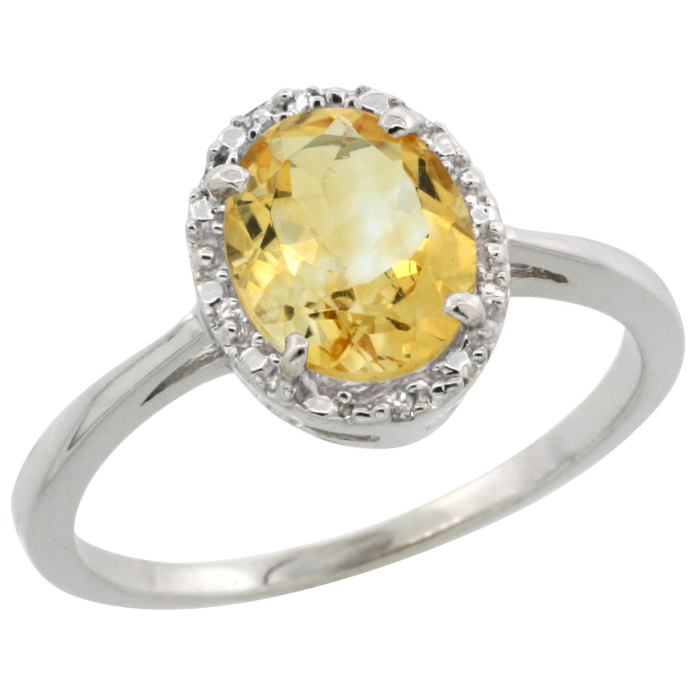 14K White Gold Natural Citrine Ring Oval 8x6 mm Diamond Halo, sizes 5-10