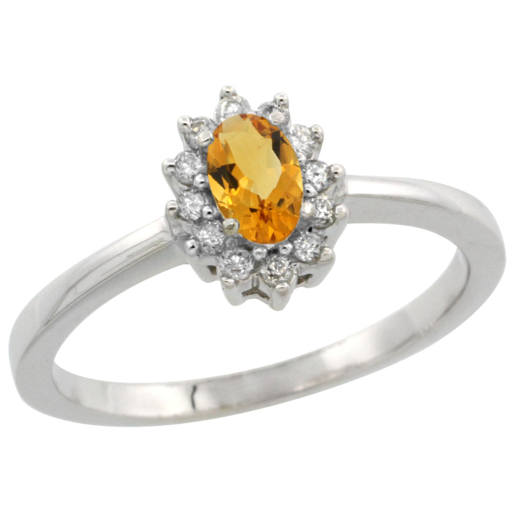 14K White Gold Natural Citrine Ring Oval 5x3mm Diamond Halo, sizes 5-10