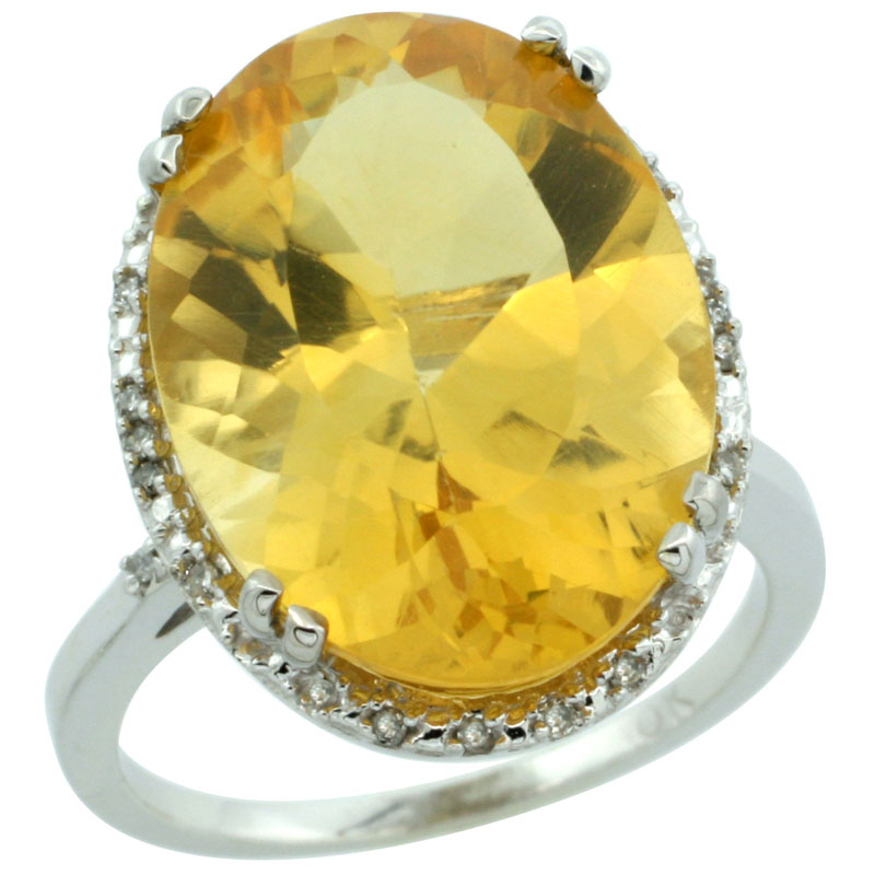 14K White Gold Natural Citrine Ring Large Oval 18x13mm Diamond Halo, sizes 5-10