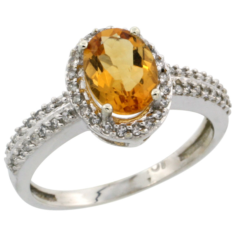 10k White Gold Natural Citrine Ring Oval 8x6mm Diamond Halo, sizes 5-10