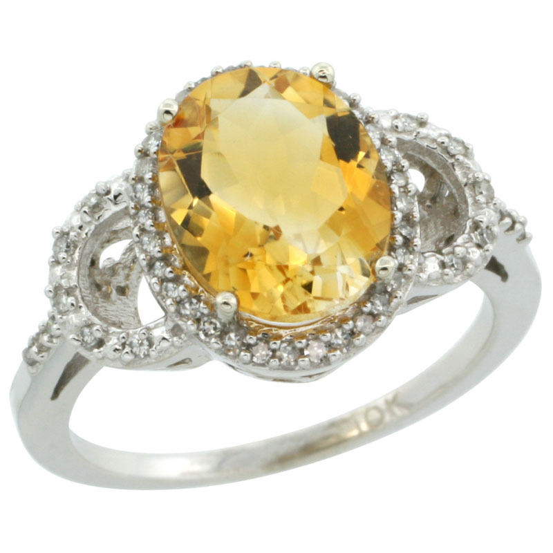 10K White Gold Diamond Natural Citrine Engagement Ring Oval 10x8mm, sizes 5-10