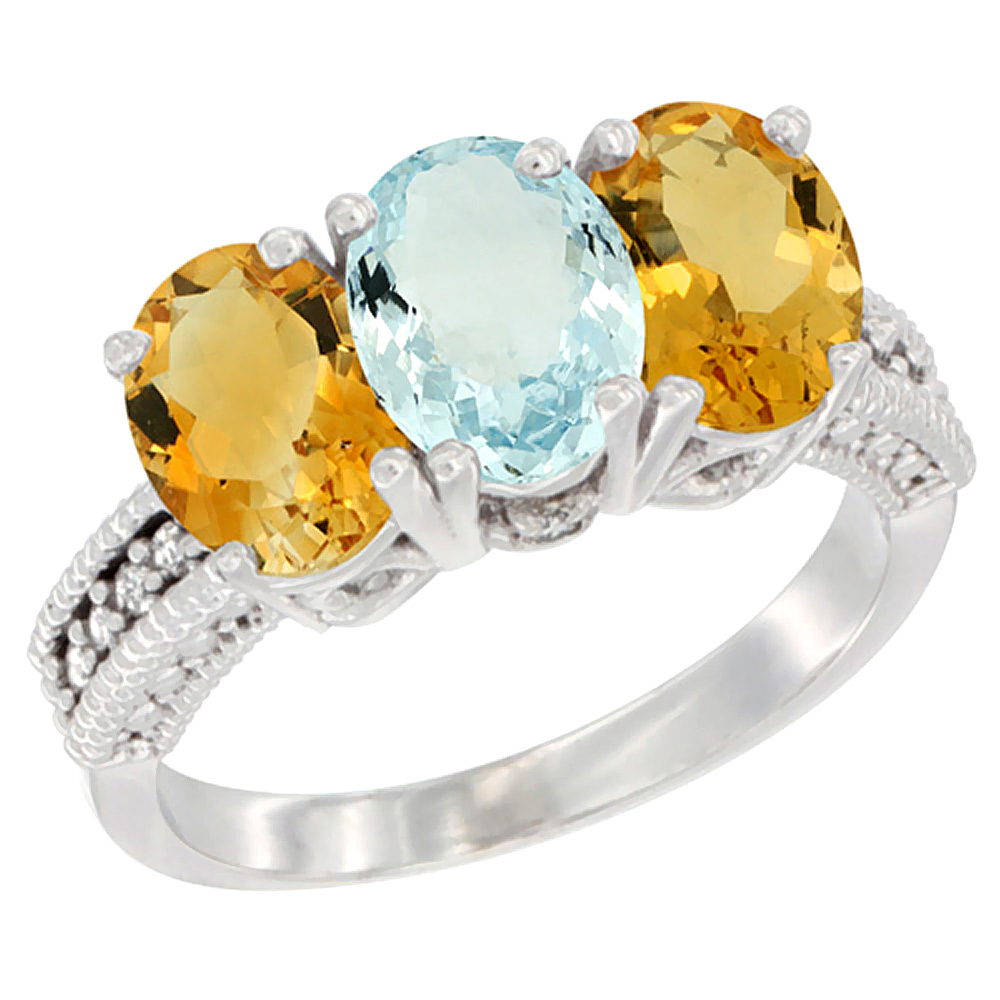 10K White Gold Natural Aquamarine & Citrine Sides Ring 3-Stone Oval 7x5 mm Diamond Accent, sizes 5 - 10