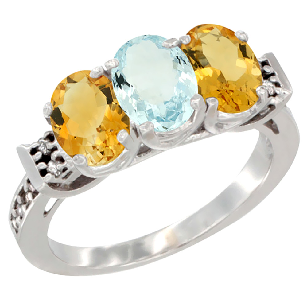 14K White Gold Natural Aquamarine &amp; Citrine Sides Ring 3-Stone 7x5 mm Oval Diamond Accent, sizes 5 - 10