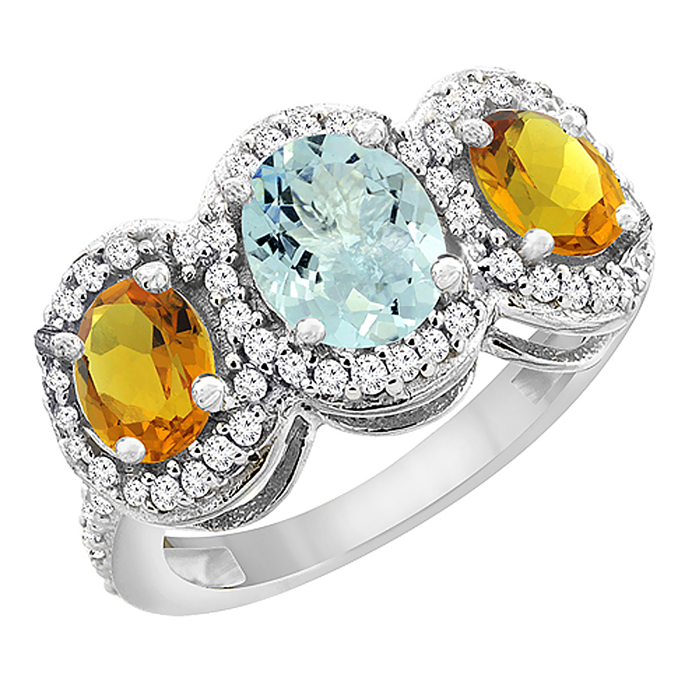 10K White Gold Natural Aquamarine & Citrine 3-Stone Ring Oval Diamond Accent, sizes 5 - 10