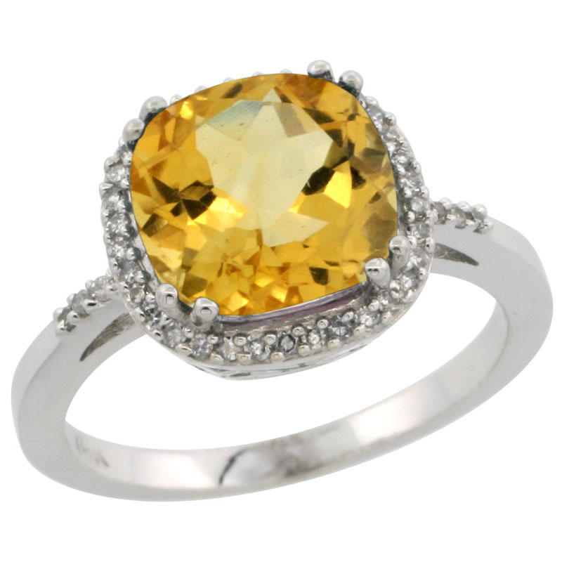 10K White Gold Diamond Natural Citrine Ring Cushion-cut 9x9mm, sizes 5-10