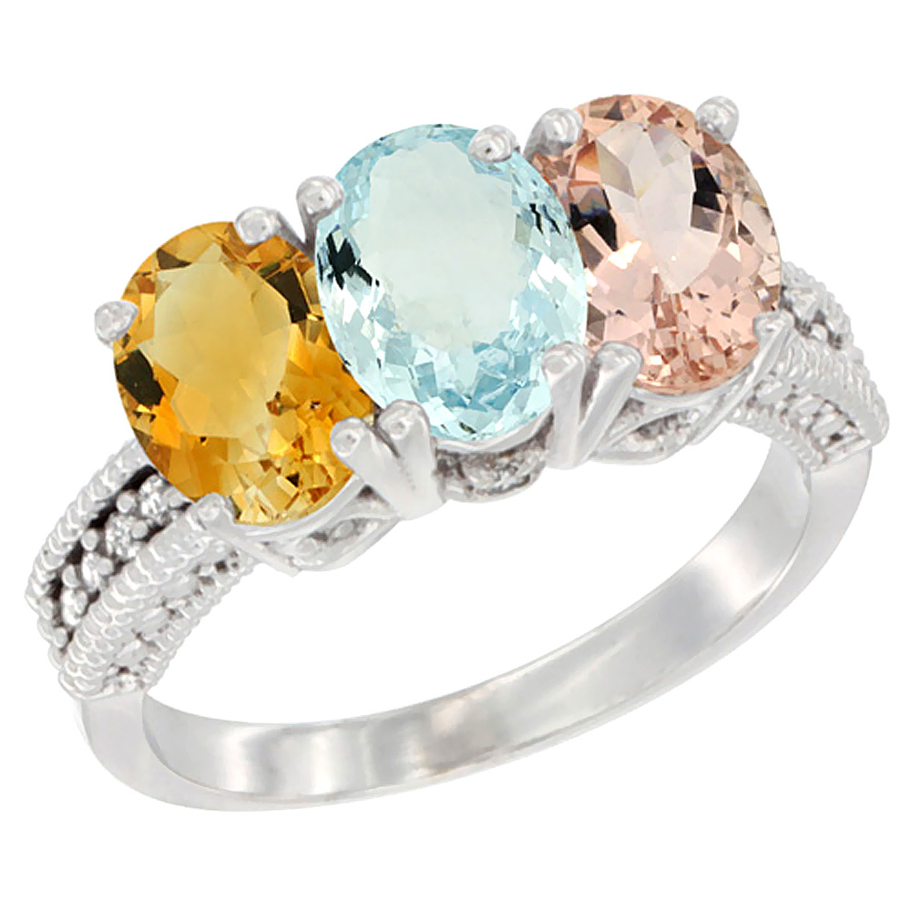 10K White Gold Natural Citrine, Aquamarine & Morganite Ring 3-Stone Oval 7x5 mm Diamond Accent, sizes 5 - 10