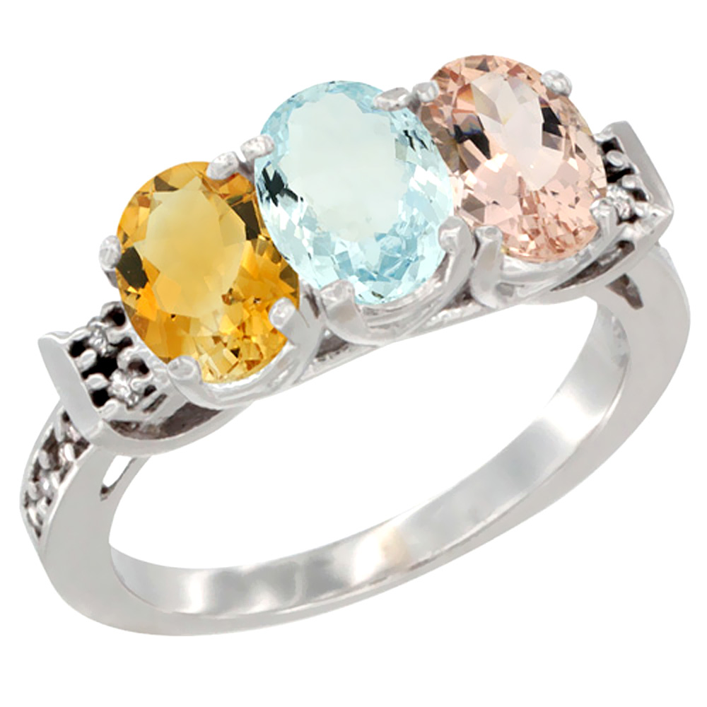 14K White Gold Natural Citrine, Aquamarine &amp; Morganite Ring 3-Stone 7x5 mm Oval Diamond Accent, sizes 5 - 10