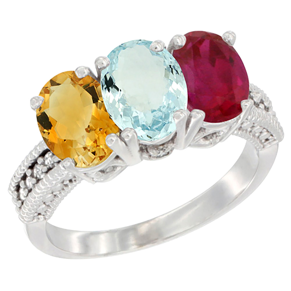 10K White Gold Natural Citrine, Aquamarine & Enhanced Ruby Ring 3-Stone Oval 7x5 mm Diamond Accent, sizes 5 - 10