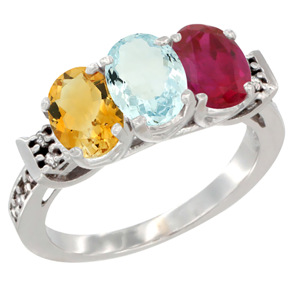 14K White Gold Natural Citrine, Aquamarine &amp; Enhanced Ruby Ring 3-Stone 7x5 mm Oval Diamond Accent, sizes 5 - 10