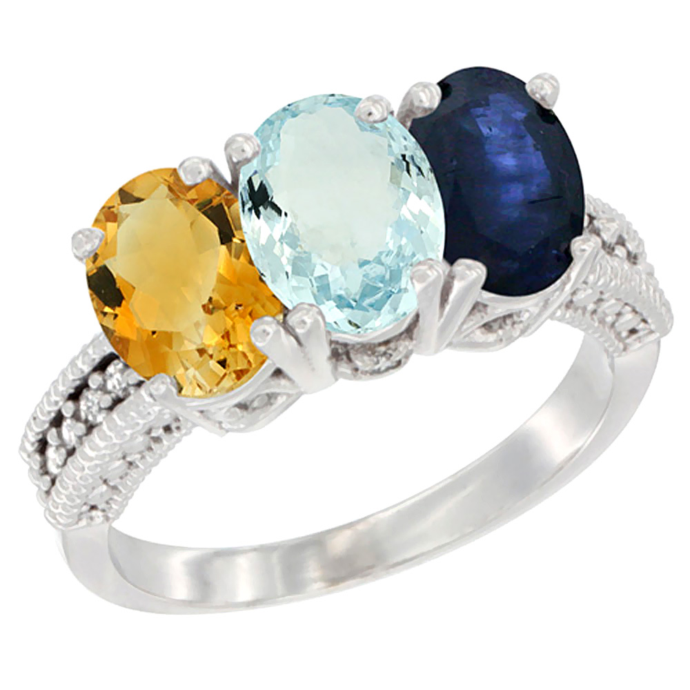 14K White Gold Natural Citrine, Aquamarine &amp; Blue Sapphire Ring 3-Stone 7x5 mm Oval Diamond Accent, sizes 5 - 10