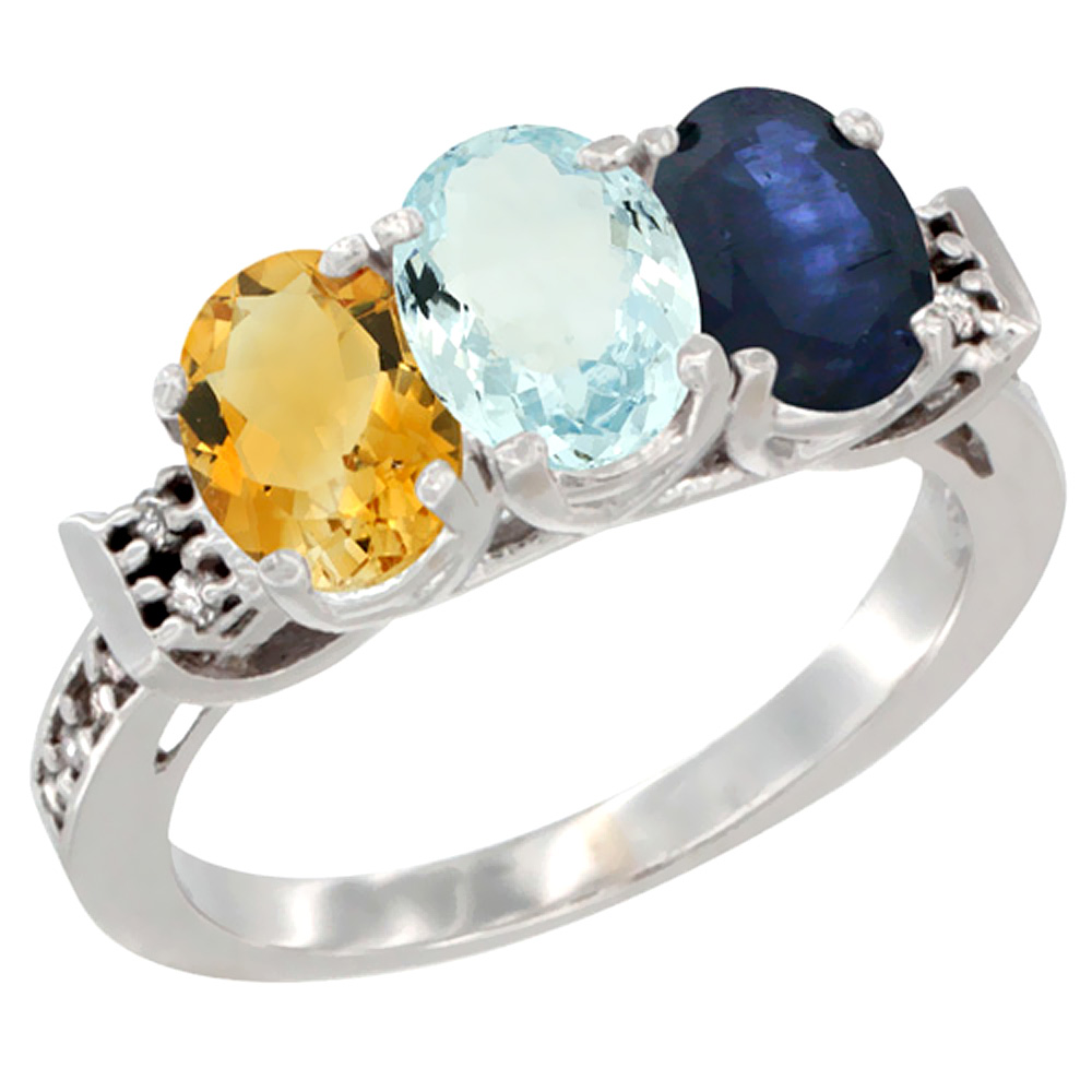 14K White Gold Natural Citrine, Aquamarine & Blue Sapphire Ring 3-Stone 7x5 mm Oval Diamond Accent, sizes 5 - 10