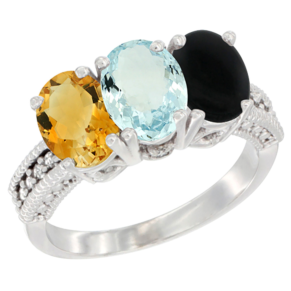 10K White Gold Natural Citrine, Aquamarine & Black Onyx Ring 3-Stone Oval 7x5 mm Diamond Accent, sizes 5 - 10