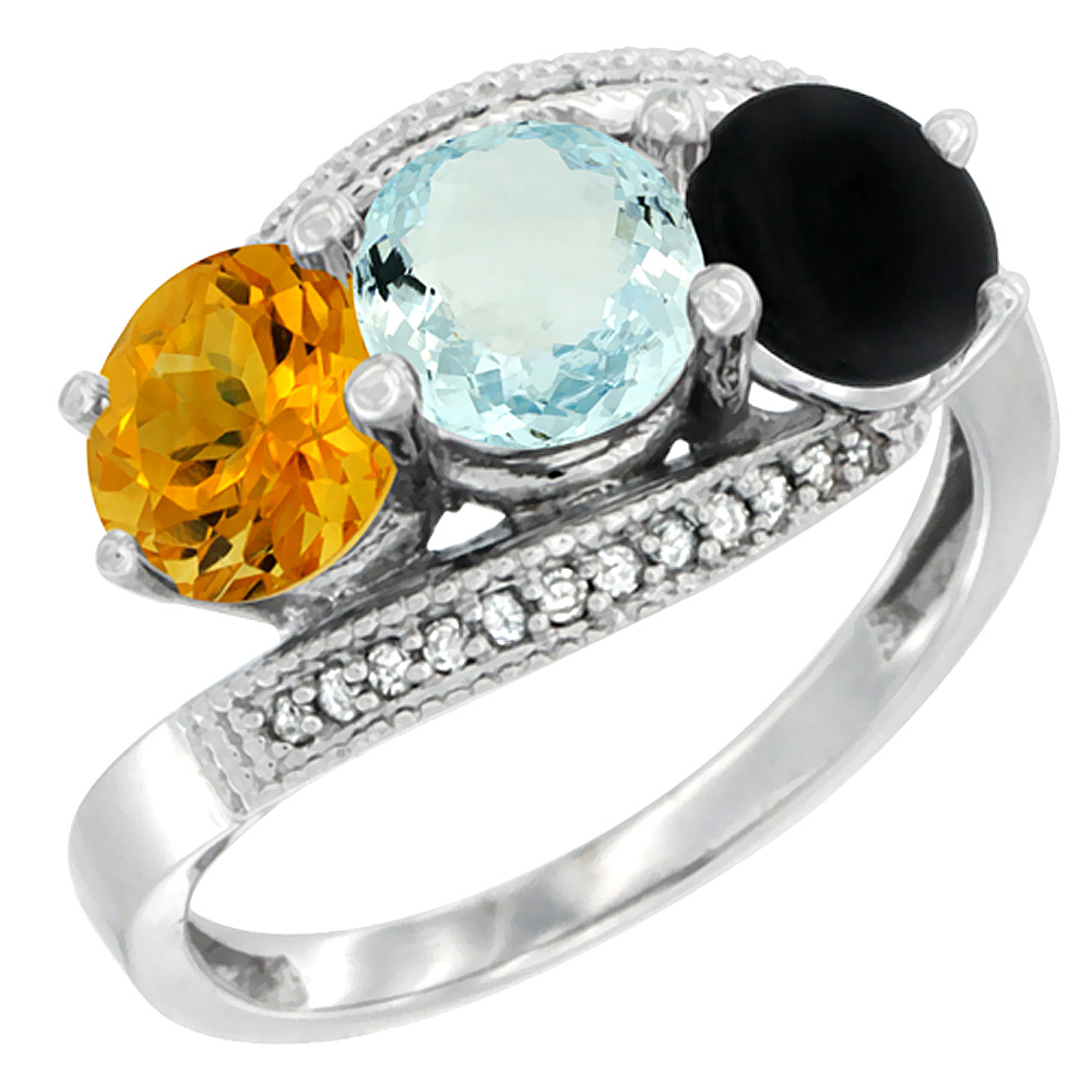 10K White Gold Natural Citrine, Aquamarine &amp; Black Onyx 3 stone Ring Round 6mm Diamond Accent, sizes 5 - 10